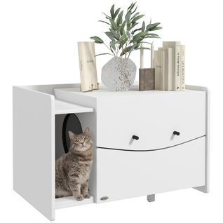 Maison De Toilette Pour Chat - Compartiment Coulissant, Aérations - Blanc
