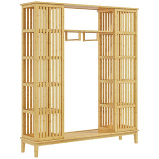 Armoire Penderie En Bambou - 2 Portes Coulissantes, 7 Étagères, 2 Barres