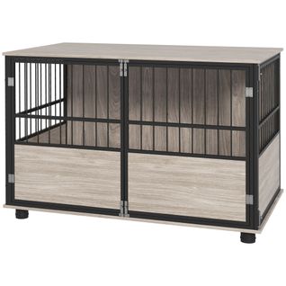 Cage Chien Style Industriel Avec Porte Acier Noir Aspect Bois