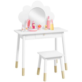 Ensemble Coiffeuse Tabouret Enfant Style Nordique Motif Nuage Effet Bois Clair Blanc