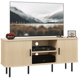 Meuble TV Style Scandinave - 2 Portes, 2 Niches - Acier Noir Aspect Bois Clair
