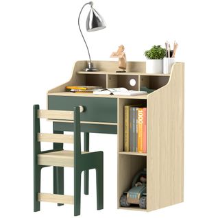 Ensemble Bureau Chaise Enfant Style Néo-rétro - Tiroir, Étagère, 5 Niches - Aspect Bois Vert