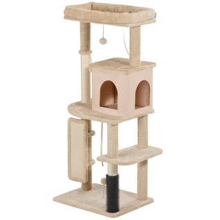 Arbre à Chat Design Beige H.132cm Bande Massante Griffoirs Nombreux Jouets