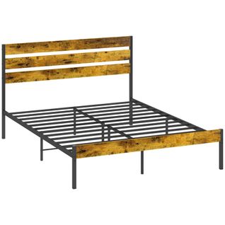 Lit Double Design Industriel - Tête De Lit, Pied De Lit, Sommier - Acier Aspect Bois Vieilli