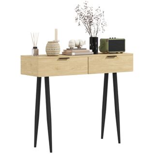 Console Style Nordique 2 Tiroirs Métal Noir Effet Bois Clair