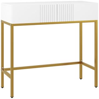 Console Style Art Déco - 2 Tiroirs - Acier Doré Blanc