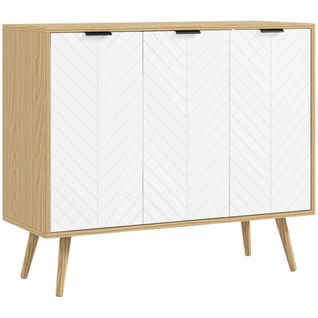 Buffet Scandinave 3 Portes 2 Étagères Bois Pin Portes Chevrons Blanc Bois Clair