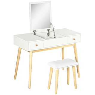 Coiffeuse Avec Tabouret Style Scandinave 2 Tiroirs Compartiment Miroir