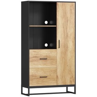 Buffet Haut Porte 3 Étagères 2 Tiroirs 2 Niches Acier Noir Aspect Chêne Clair