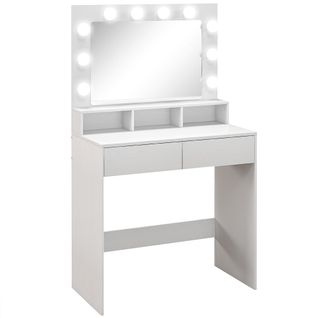Coiffeuse Miroir Hollywood 3 Modes - 2 Tiroirs, Étagère, 3 Niches - Blanc
