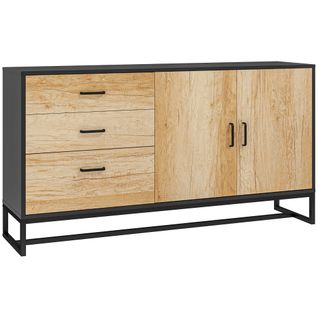 Buffet 2 Portes Étagère 3 Tiroirs Poignées Alu Piètement Acier Noir Effet Bois