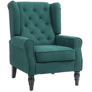 Fauteuil à Oreilles Style Chesterfield Dossier Capitonné Bois Noir Tissu