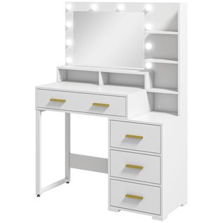 Coiffeuse Miroir LED 9 Ampoules - 4 Tiroirs, 3 Niches, 4 Étagères - Doré Blanc