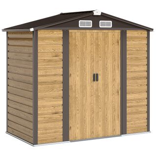 Abri De Jardin Métal 2,36m² - 2 Portes, Cadenas, Clé, Gants Inclus - Acier Effet Bois Taupe