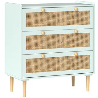 Commode 3 Tiroirs Style Bohème Chic Cannage Rotin Effet Bois Vert De Gris