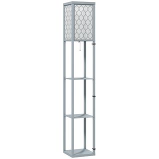 Lampadaire 3 Étagères Mdf Gris Abat-jour Tissu Motif Nid D'abeille