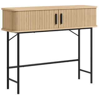 Console 2 Portes Coulissantes Design Acier Noir Effet Bois Clair