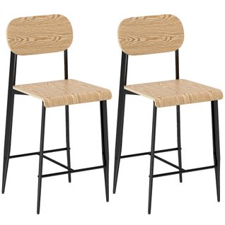 Lot De 2 Chaises De Bar Design Acier Noir Assise Dossier Effet Bois Clair