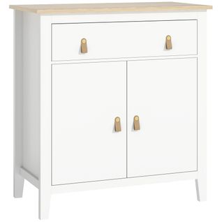 Buffet 2 Portes Étagère Tiroir Poignées Lanières Aspect Cuir Blanc Effet Bois