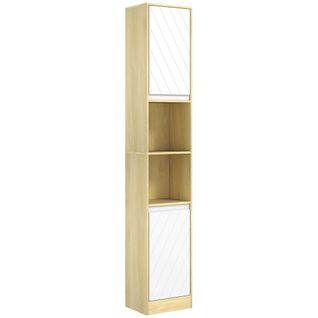 Colonne Meuble Salle De Bain 2 Portes Étagère 2 Niches Effet Bois Clair Blanc