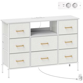 Commode Design Effet Bouclette 8 Tiroirs Non Tissés Niche Doré Blanc