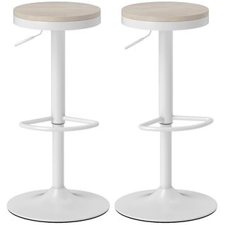 Lot De 2 Tabourets De Bar Réglables Pivotants Assise Ronde Bois Hévéa Acier Blanc