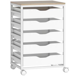 Caisson Mobile De Bureau 5 Tiroirs Dim. 50 X 40 X 74,5 Cm Blanc Effet Bois Clair
