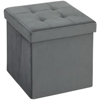 Pouf Coffre Velours Effet Capitonné Pliable Gris