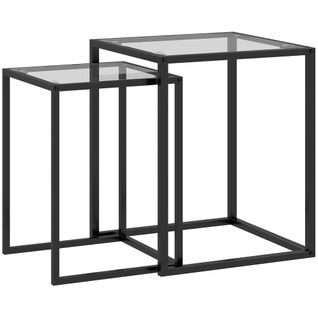 Lot De 2 Tables Basses Gigognes Acier Noir Plateau Verre Trempé 3,6 Mm