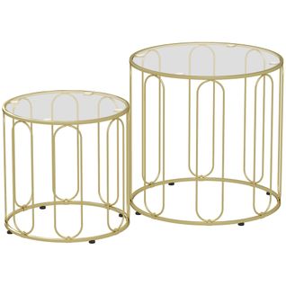 Lot De 2 Tables Basses Gigognes Rondes Style Art Déco Métal Doré Verre