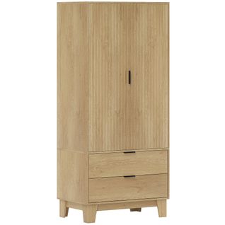Armoire Penderie 2 Portes Cannelées 2 Grands Tiroirs Effet Bois Clair Naturel