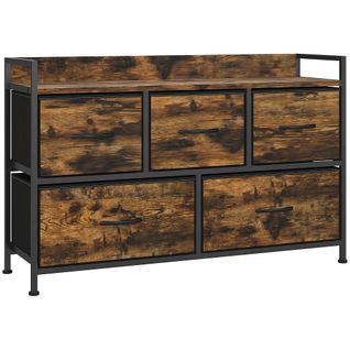 Commode 5 Tiroirs Et Étagère - 98 X 29 X 63 Cm - Métal Noir Non Tissé Aspect Bois