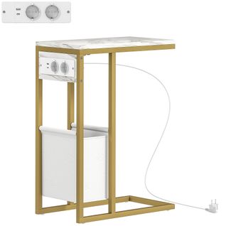 Table D'appoint Avec Station De Charge Et Panier Acier Doré Effet Marbre Blanc