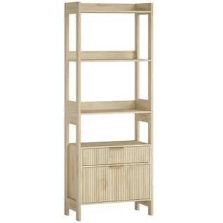 Bibliothèque 4 Étagères 2 Tiroirs Effet Cannelé Bois Clair Naturel Métal Doré