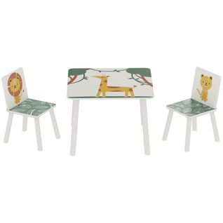 Ensemble Table Et Chaises Enfant Design Savane Animaux Bois Pin Mdf Blanc Vert