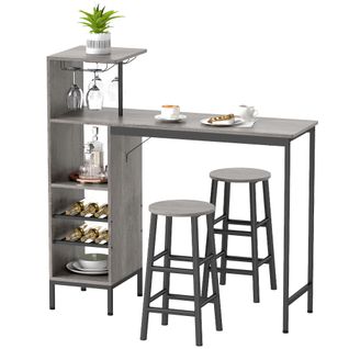Ensemble Table De Bar 2 Tabourets Étagères Porte-verres Range-bouteilles Gris