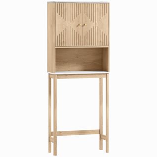 Meuble Wc Dessus De Toilette Style Bois Naturel Effet Marbre Blanc 2 Portes Étagère Niche