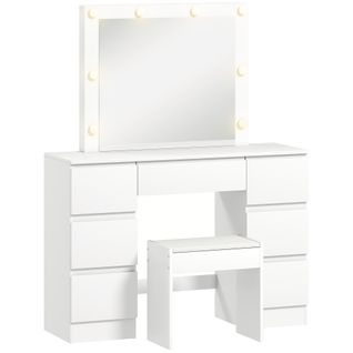 Ensemble Coiffeuse Tabouret Miroir Hollywood LED Réglable Intégré 7 Tiroirs Blanc