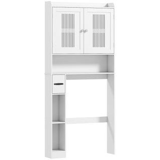 Meuble Wc Dessus De Toilette 2 Portes Étagère 3 Niches + Rouleau Blanc
