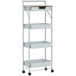 Desserte 3 Paniers Tiroir Plateau Métal Vert D'eau Effet Bois Clair