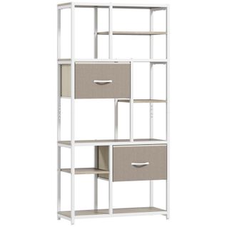 Bibliothèque 6 Étagères 2 Tiroirs Tissu Taupe Acier Blanc Effet Bois Clair