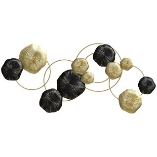 Décoration Murale Métal Design Feuilles De Lotus Dim. 84 X 35 Cm Doré Noir