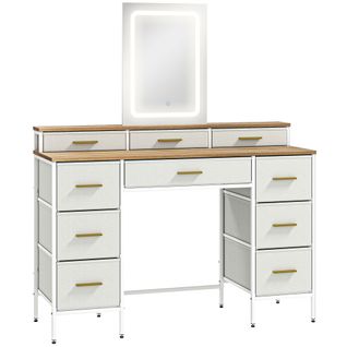 Coiffeuse Miroir LED Tactile Réglable 10 Tiroirs Tissu Acier Blanc Doré Effet Bois