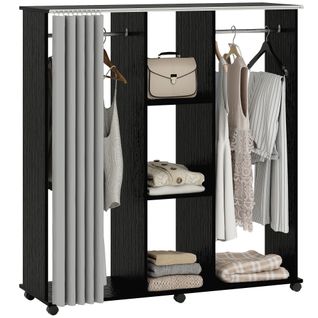 Armoire Penderie Mobile Sur Roulettes 2 Tringles 2 Étagères Rideau