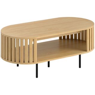 Table Basse Design Ovale à Lattes Effet Bois Clair Acier Noir