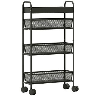 Desserte Métal Mobile 3 Paniers Coulissants Plateau à Rebords Noir