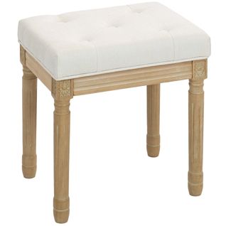 Tabouret Capitonné Style Classique Bois Sculpté Tissu Toucher Lin Beige
