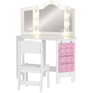 Ensemble Coiffeuse Enfant Tabouret Miroir Holywood Pochette Rangement Rose Blanc