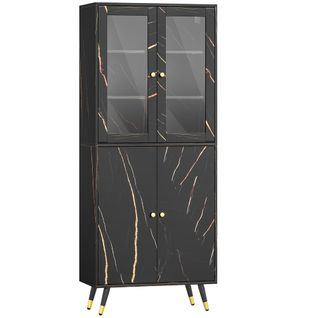 Vitrine Design Effet Marbre Noir 2 + 2 Portes Vitrées 6 Étagères 70 X 35 X 170 Cm