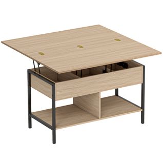 Table Basse Relevable Extensible Double Plateau Multi-rangement Effet Bois